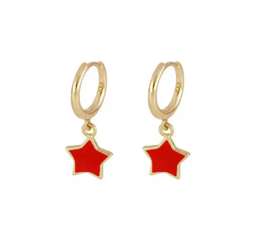 Red small star enamel charm gold huggie
