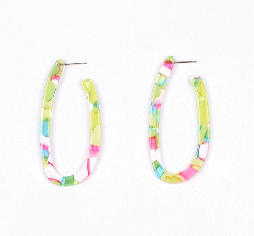 Pink and green long hoop earrings