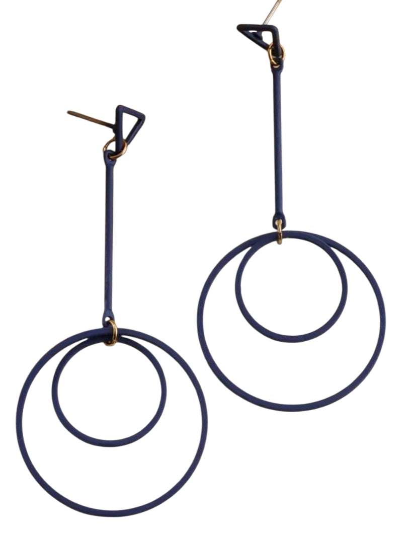 Long Double Circle Dangly Earrings - Navy Blue