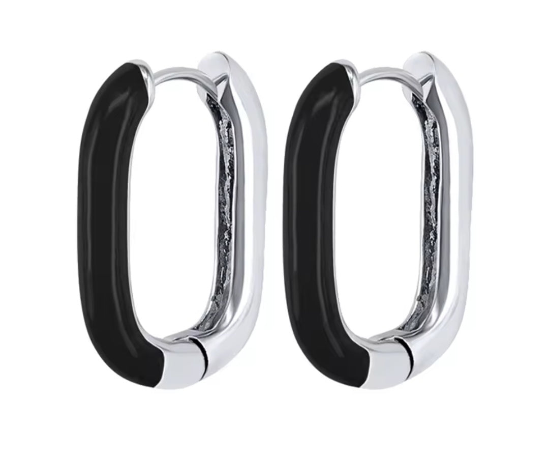 Black silver rectangle huggie