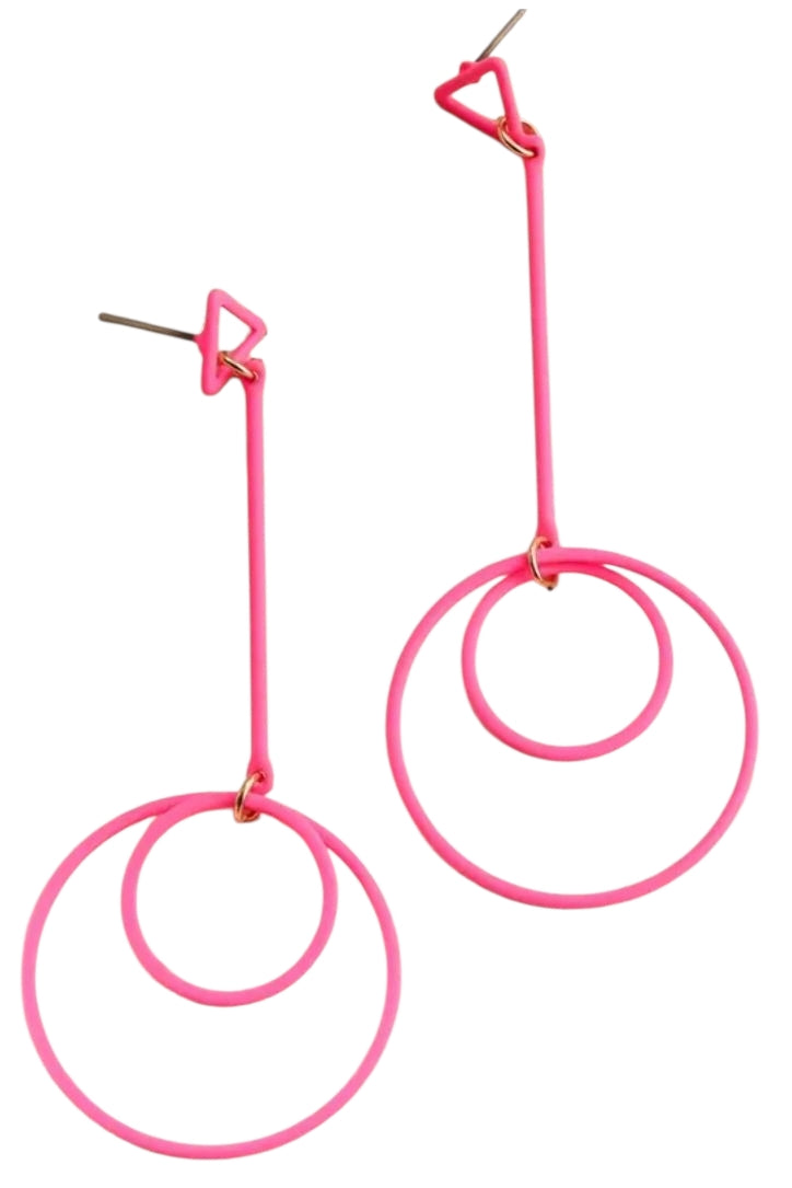 Long Double Circle Dangly Earrings - Pink