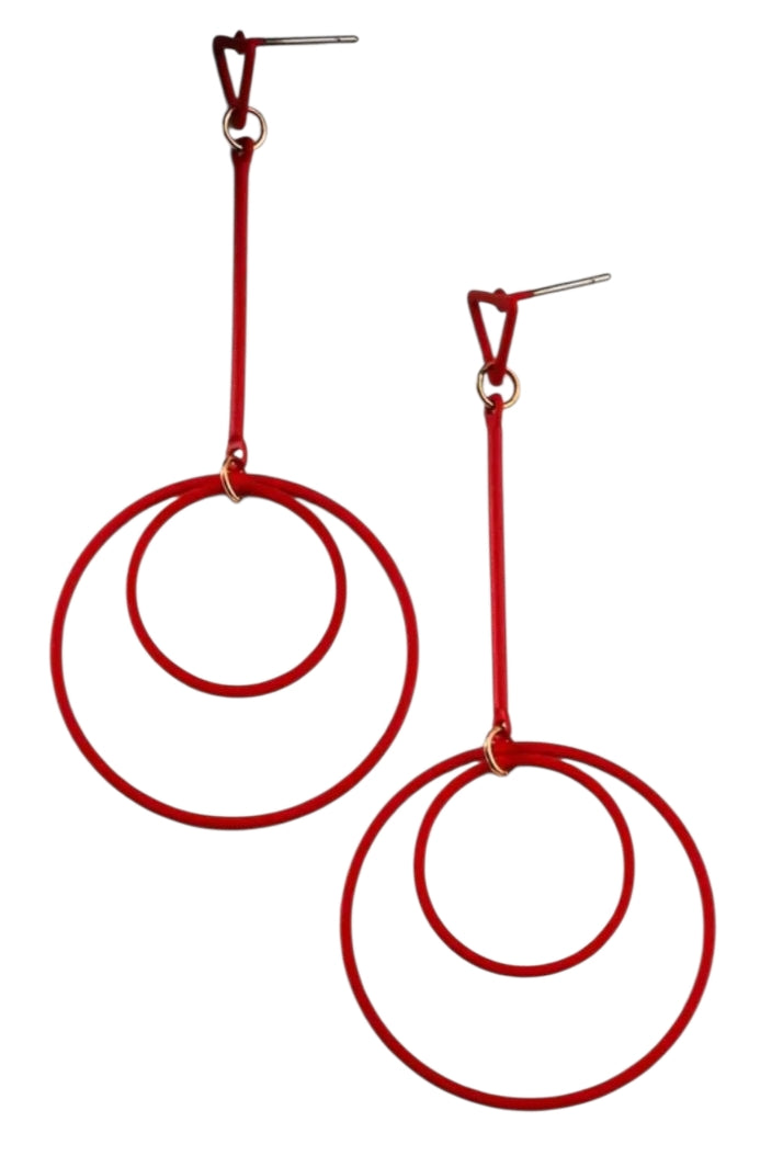 Long Double Circle Dangly Earrings - Red