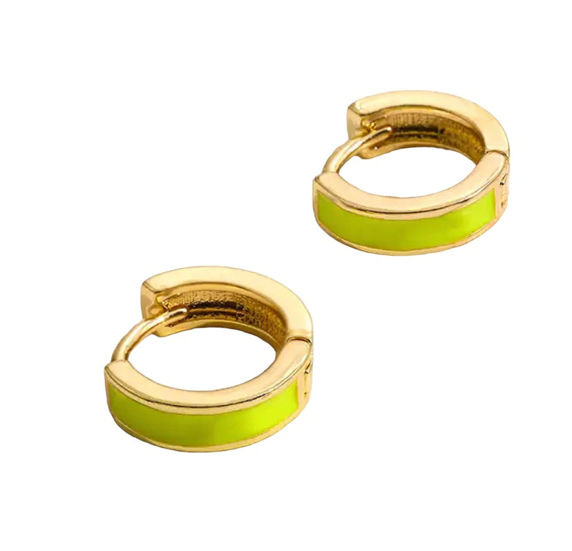 Lime green small enamel gold huggie