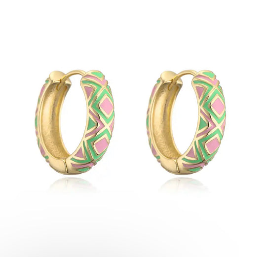 Pink and green enamel gold huggie