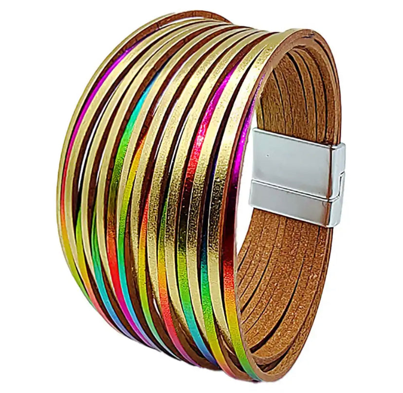 Electric gold and multicoloured wide twisted bracelet
