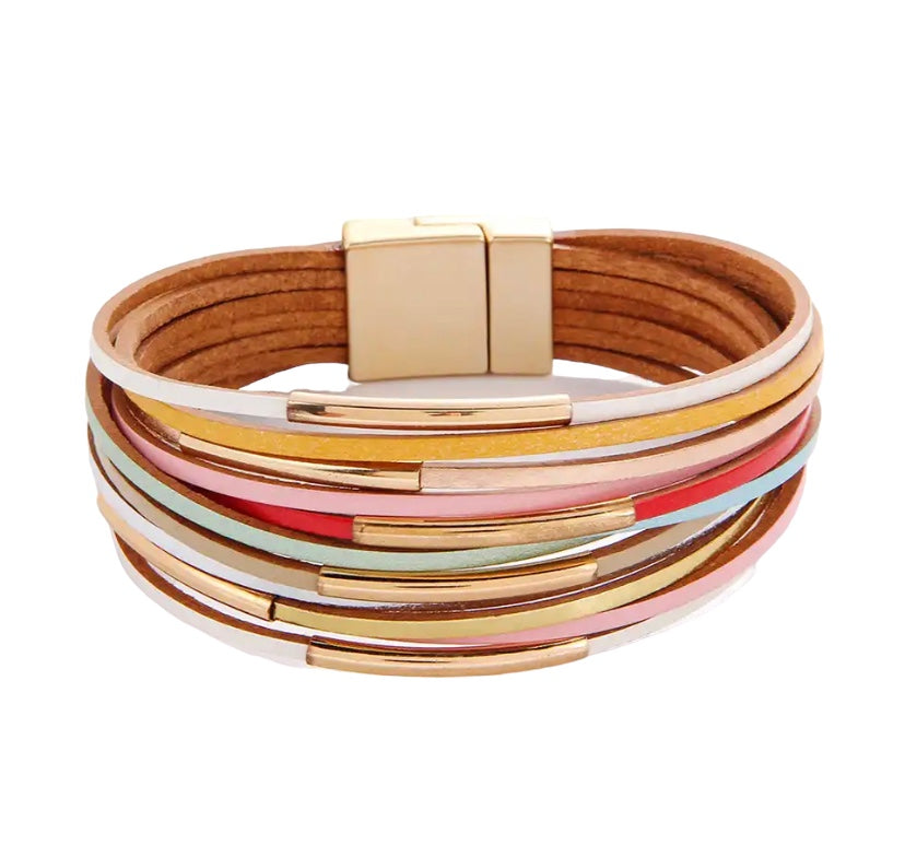 Multicoloured with gold long beads medium twisted bracelet