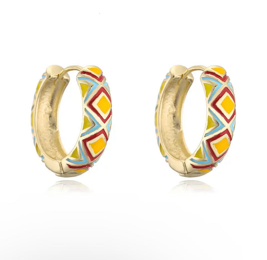 Yellow, blue, red and orange enamel gold huggie