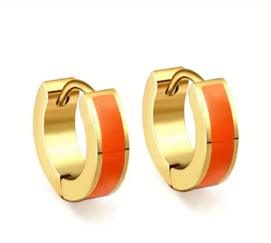 Orange small enamel gold huggie