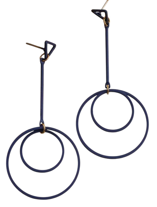 Long Double Circle Dangly Earrings - Navy Blue
