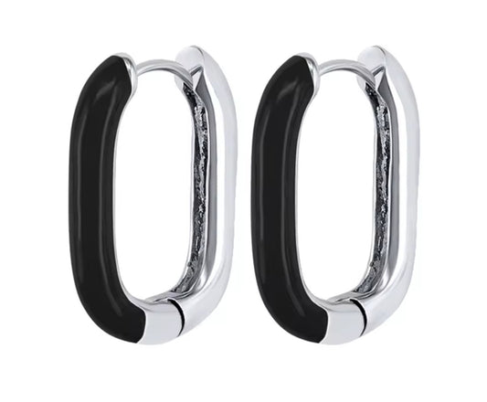 Black silver rectangle huggie