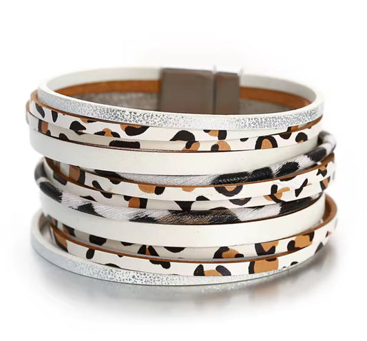 White animal print wide leatherette bracelet