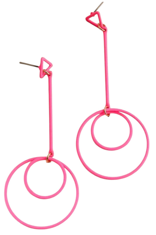 Long Double Circle Dangly Earrings - Pink