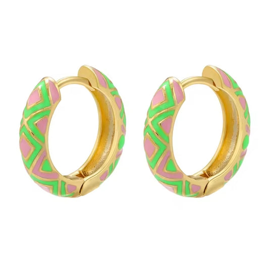 Pink and green enamel gold huggie