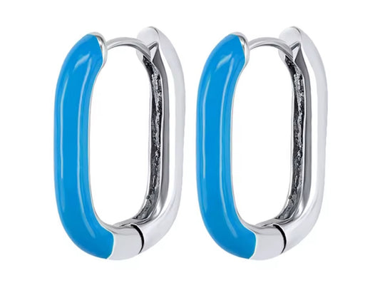 Blue silver rectangle huggie