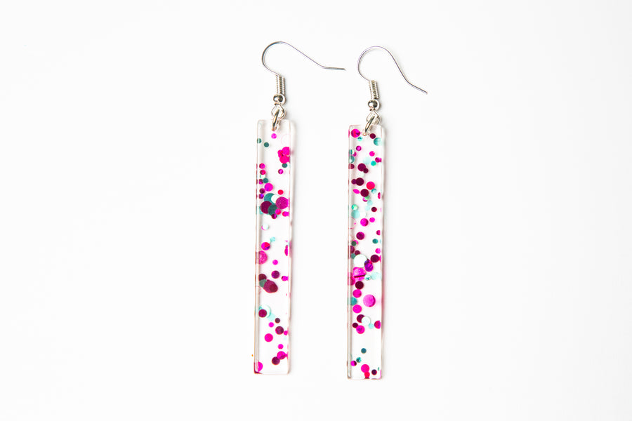 Glitter Long Oblong Earrings - Pink and Teal