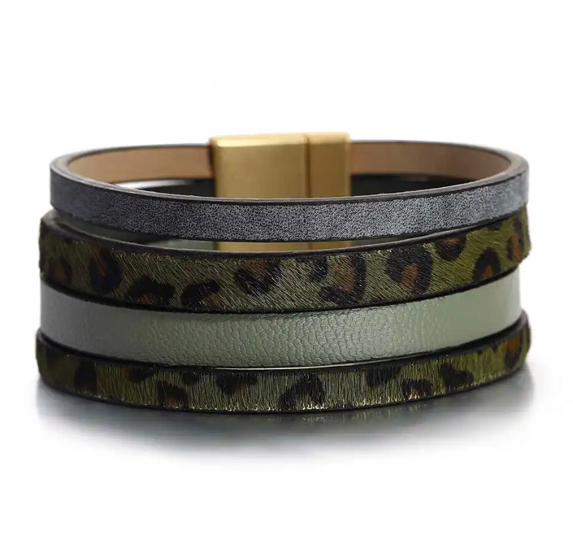 Green animal print and green leatherette stripy bracelet