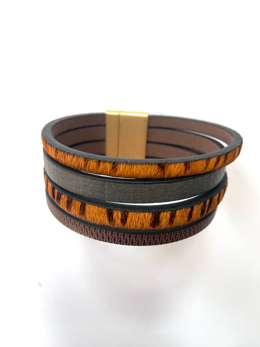 Black and brown animal print and leatherette stripy bracelet