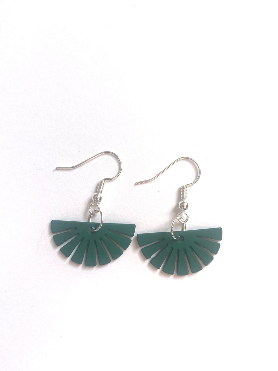 Green rubberised metal fan earrings
