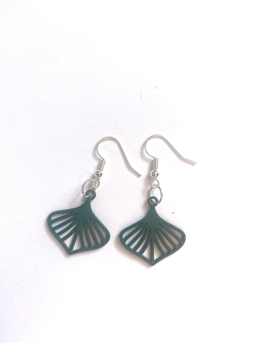 Green rubberised metal petal earrings