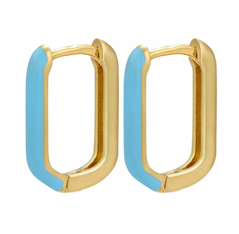 Blue gold rectangle thin huggie