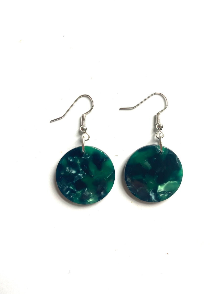 Green and blue round acrylic earrings