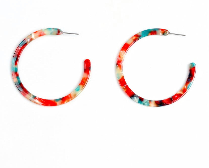 Coral and turquoise big hoop acrylic earrings