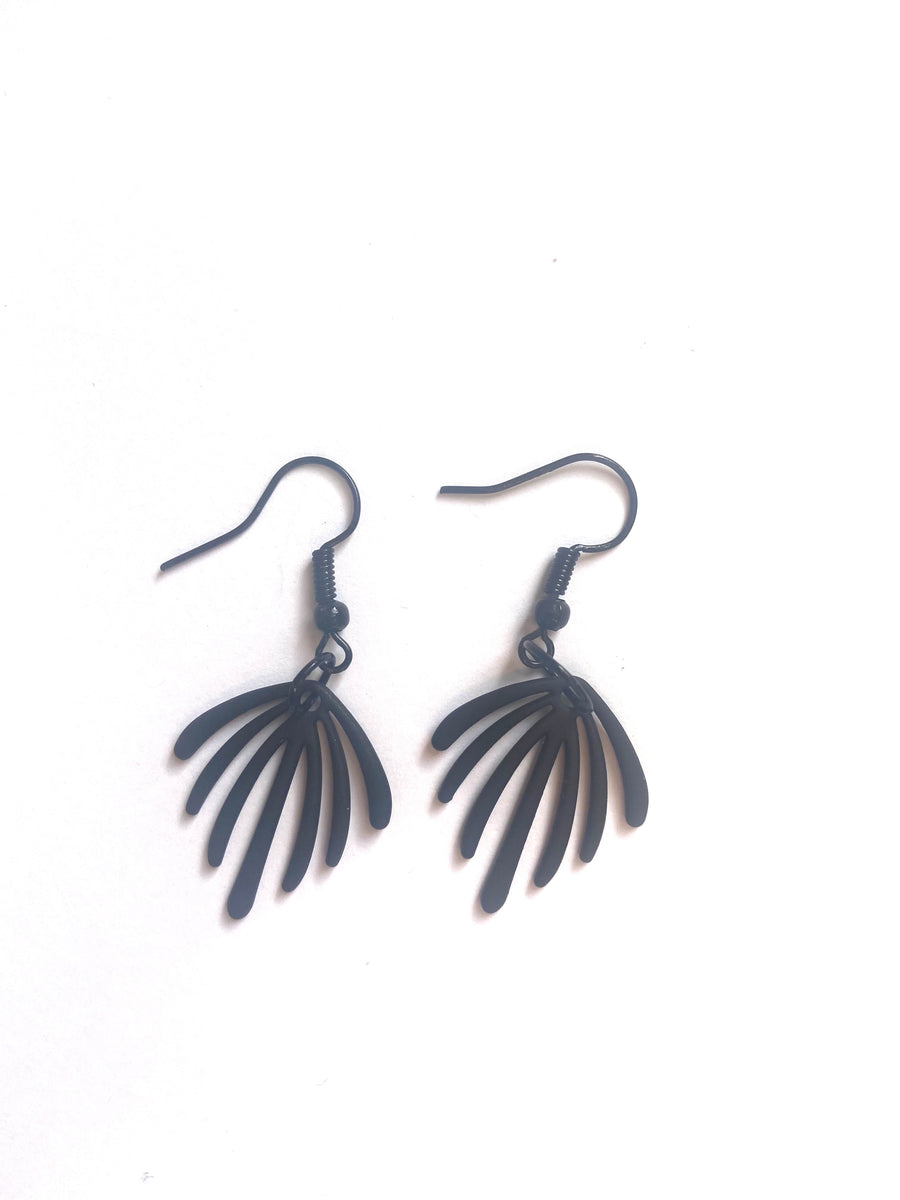 Black rubberised metal leaf earrings